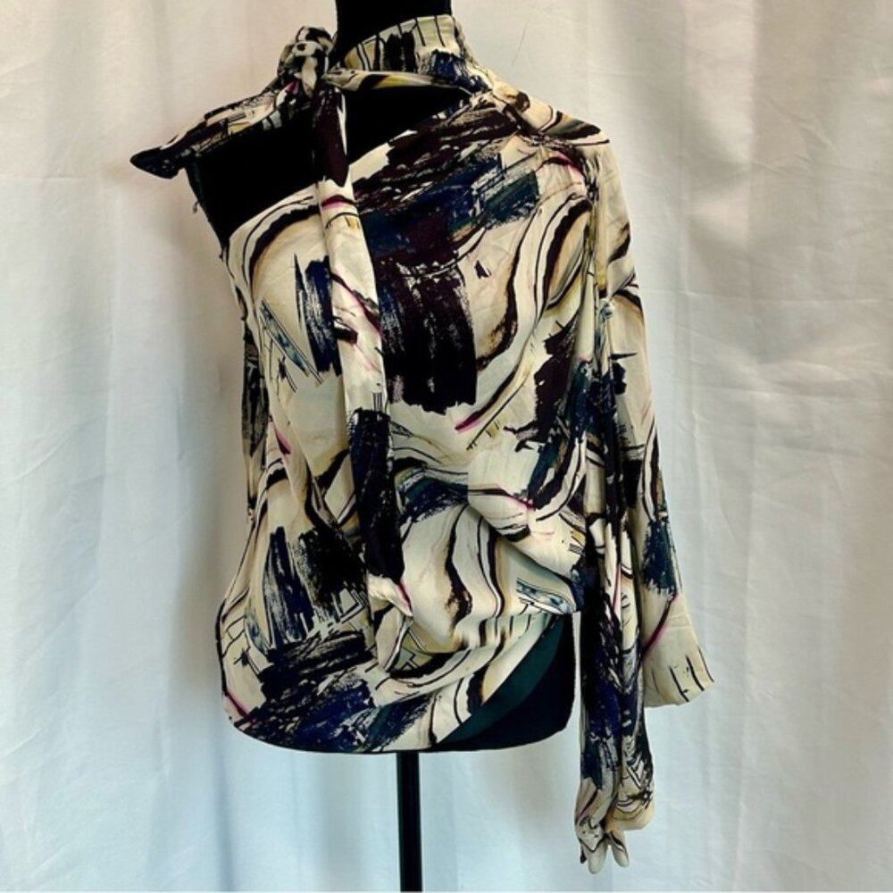 Zara limited edition abstract print asymmetrical one shoulder tie
